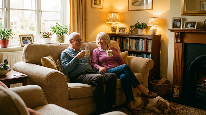 Ein älteres Ehepaar sitzt entspannt auf einem bequemen Sofa im heimischen Wohnzimmer. Sie schauen zufrieden und erleichtert, während sie eine Tasse Tee genießen. Warme, beruhigende Lichtstimmung.
