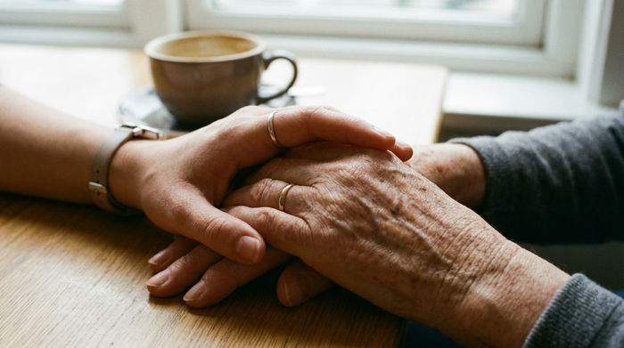 Eine Nahaufnahme von zwei Händen, die sanft übereinanderliegen. Die Hand einer jungen Pflegekraft hält tröstend und unterstützend die Hand einer älteren Frau. Im Hintergrund ist unscharf eine Kaffeetasse zu erkennen.