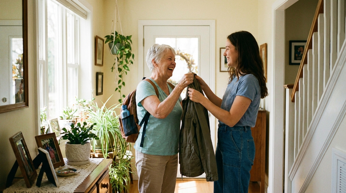 Eine fröhliche Seniorin mit einem gepackten kleinen Rucksack steht im Flur ihres Hauses, bereit für den Tag. Eine jüngere Frau reicht ihr liebevoll eine Jacke. Helle, einladende Atmosphäre.