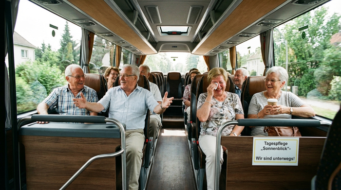Mehrere fröhliche Senioren sitzen bequem in einem modernen Kleinbus und unterhalten sich angeregt während der Fahrt zur Tagespflege.