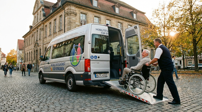 Ein speziell umgerüsteter Kleinbus mit einer ausgefahrenen Rampe am Heck. Ein Fahrer schiebt einen Senior im Rollstuhl sicher und routiniert in das Fahrzeug.