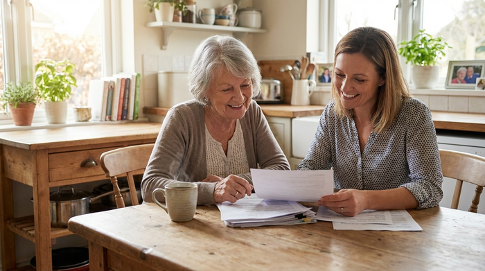 Eine ältere Dame sitzt gemeinsam mit ihrer Tochter entspannt am Küchentisch und betrachtet lächelnd Dokumente. Eine Tasse Kaffee steht daneben.