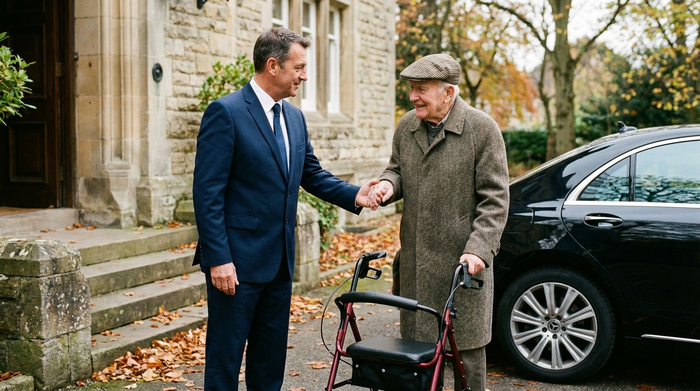 Ein einfühlsamer Fahrer in gepflegter Dienstkleidung reicht einem älteren Herrn mit Rollator stützend die Hand vor einer Haustür.