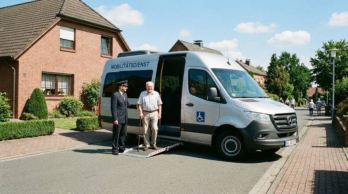 Ein moderner, rollstuhlgerechter Kleinbus hält an einer gepflegten Straße vor einem Wohnhaus. Ein freundlicher Fahrer hilft einem lächelnden Senior mit Gehstock beim Einsteigen. Das Wetter ist sonnig und die Szene wirkt sicher und professionell.