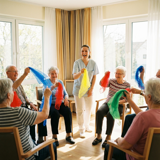 Senioren sitzen in einem hellen Raum im Kreis und machen leichte Sitzgymnastik mit bunten Tüchern. Eine motivierende Pflegekraft macht die Übungen fröhlich vor. Alle wirken konzentriert und haben sichtlich Spaß an der Bewegung.