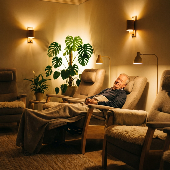 Ein gemütlicher Ruheraum mit bequemen, ergonomischen Pflegesesseln. Gedimmtes, warmes Licht sorgt für eine beruhigende Atmosphäre. Ein älterer Herr ruht sich entspannt aus, während im Hintergrund sanft eine Zimmerpflanze beleuchtet wird.