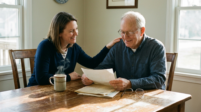 Ein erwachsenes Kind und ein älterer Vater sitzen entspannt am heimischen Esstisch und schauen sich lächelnd Dokumente an. Die Stimmung ist erleichtert und harmonisch, eine Kaffeetasse steht gemütlich auf dem Holztisch.