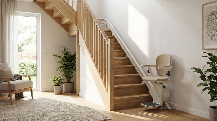 Eine moderne, helle Holztreppe in einem gepflegten Privathaus, an der ein eleganter, sicherer Treppenlift montiert ist. Der Lift fügt sich unauffällig in das wohnliche, gemütliche Ambiente ein.