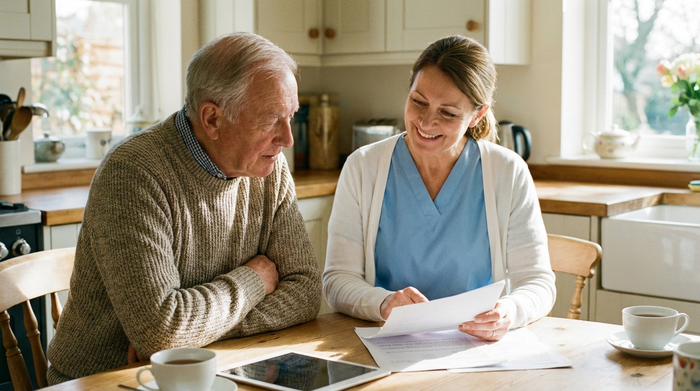 Eine professionelle Pflegekraft in sauberer, heller Arbeitskleidung sitzt an einem Holztisch und bespricht freundlich Dokumente mit einem aufmerksamen älteren Herrn.