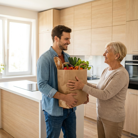 Ein junger, gut gelaunter Alltagsbegleiter trägt eine Papiertüte mit frischem Gemüse und Brot für eine Seniorin in eine moderne, aufgeräumte Küche.
