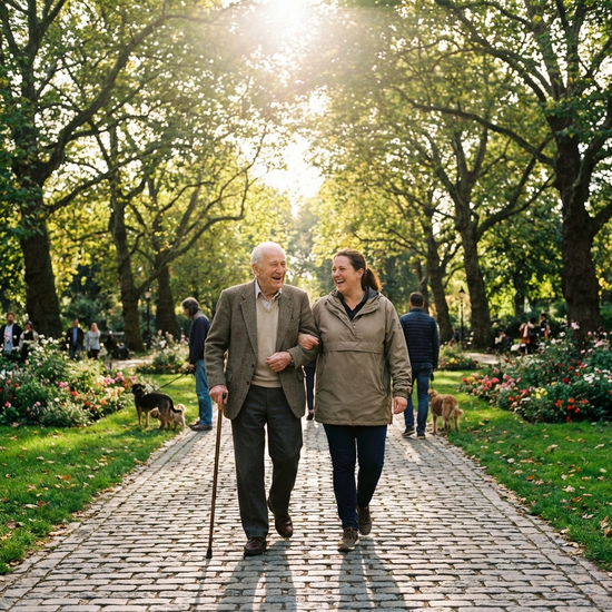 Ein Senior und eine Betreuungskraft spazieren entspannt und lachend über einen gepflasterten Weg durch einen grünen, sonnendurchfluteten Park.
