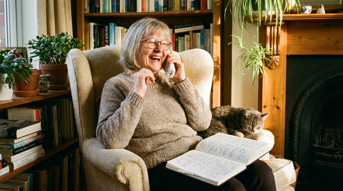 Eine ältere Frau telefoniert entspannt und lächelnd mit einem schnurlosen Telefon in ihrem gemütlichen Sessel, auf dem Schoß liegt ein aufgeschlagenes Notizbuch.