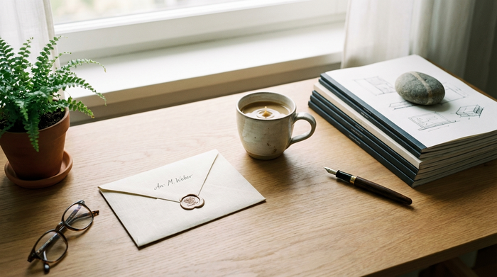 Eine ruhige, ordentliche Szene auf einem Schreibtisch: Ein Briefumschlag, eine Kaffeetasse und ordentlich gestapelte Dokumente liegen im weichen Tageslicht.