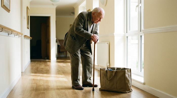 Ein älterer Herr stützt sich leicht auf einen Gehstock in einem sauberen Flur und blickt nachdenklich auf eine schwere Einkaufstasche. Helle Umgebung, gepflegt, realistisch, keine Schriften.