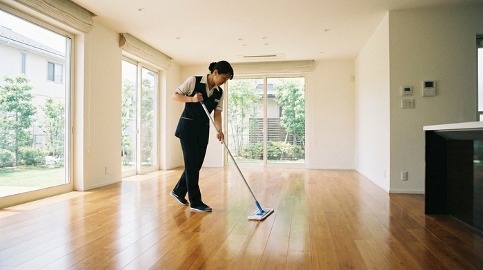 Eine Reinigungskraft wischt mit einem Mopp den Holzboden in einem modernen, leeren Wohnzimmer. Fokus auf Sauberkeit und Ordnung. Realistisch, hell, ohne Text.