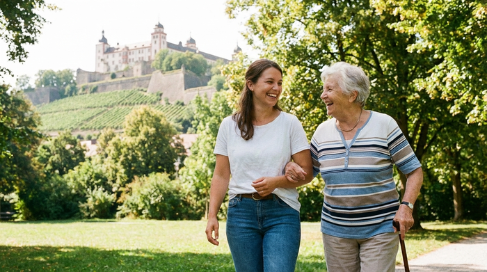 Eine lächelnde Alltagsbegleiterin und eine ältere Dame spazieren gemeinsam durch einen grünen Park in Würzburg, haken sich unter und unterhalten sich angeregt. Sonniges Wetter, entspannte Atmosphäre. Realistische Fotografie.