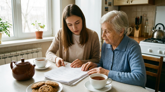 Eine junge Frau erklärt einer älteren Dame freundlich Dokumente am Küchentisch. Eine Tasse Tee steht bereit. Vertrauensvolle Stimmung, helles Licht, keine lesbaren Texte auf dem Papier.