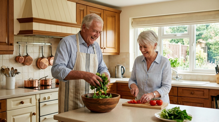 Ein gepflegtes älteres Ehepaar steht lächelnd in ihrer makellosen Küche und bereitet gemeinsam einen Salat zu. Warme Farben, glücklicher Gesichtsausdruck, realistische Szene.