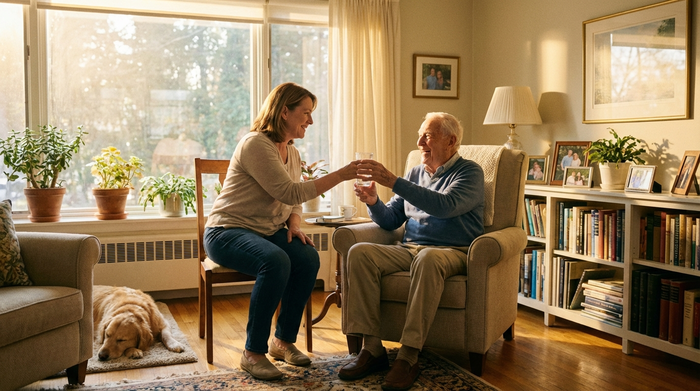 Eine fürsorgliche Betreuungskraft reicht einem lächelnden Senior ein Glas Wasser in einem sonnendurchfluteten Wohnzimmer. Entspannte, vertrauensvolle Stimmung, saubere Umgebung, realistische Personen.