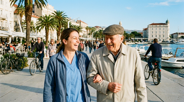 Eine Betreuungskraft und ein Senior spazieren gemeinsam an einem sonnigen Tag an einer Uferpromenade. Beide lachen und genießen das schöne Wetter. Natürliches Licht, lebendige Szene ohne Text.