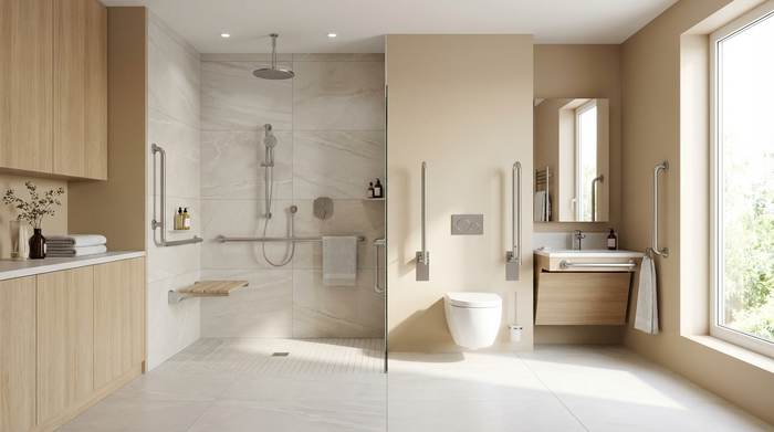 Ein modernes, helles und barrierefreies Badezimmer mit einer bodengleichen Dusche und Haltegriffen an den Wänden. Sauber, aufgeräumt, sichere Umgebung für Senioren, fotorealistisch.