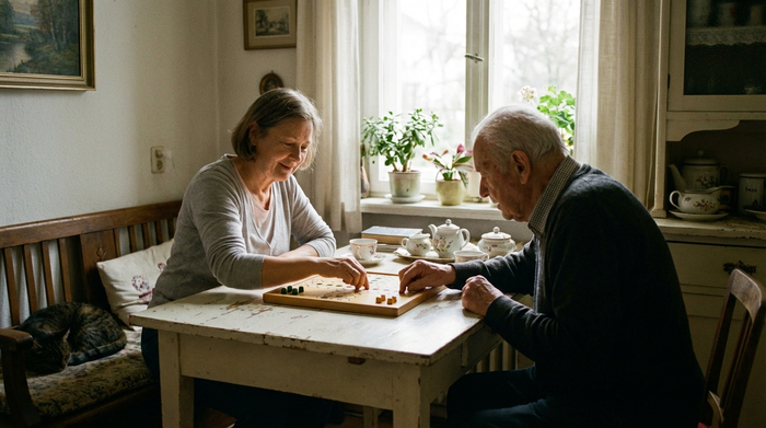 Eine geduldige Pflegerin spielt ein einfaches Brettspiel mit einem älteren Herrn am Küchentisch. Ruhige, konzentrierte und friedliche Atmosphäre. Sanftes Tageslicht fällt durch das Fenster.