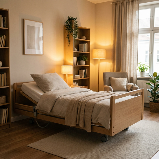 Ein modernes, elektrisch verstellbares Pflegebett aus hellem Holz in einem gemütlichen, aufgeräumten Schlafzimmer. Warme Beleuchtung, weiche Bettwäsche, keine medizinische Krankenhausatmosphäre.