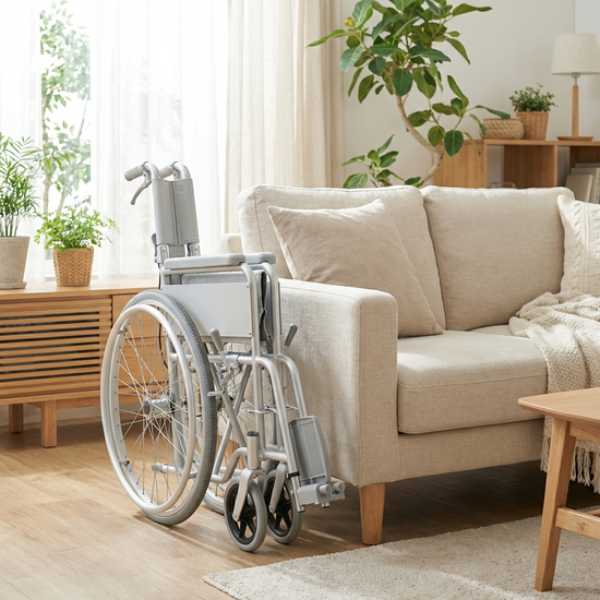 Ein leichter, moderner Aluminium-Rollstuhl steht zusammengeklappt neben einem hellen Sofa in einem freundlichen Wohnzimmer. Durch das Fenster scheint sanftes Tageslicht.