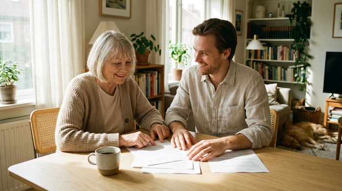 Eine ältere Frau und ein jüngerer Mann sitzen gemeinsam an einem hellen Holztisch und betrachten entspannt Dokumente. Eine Tasse Kaffee steht auf dem Tisch. Friedliche, familiäre Atmosphäre ohne lesbaren Text auf den Papieren.