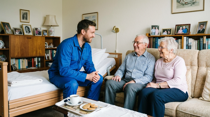 Ein freundlicher Techniker in sauberer Arbeitskleidung erklärt einem älteren Ehepaar im Wohnzimmer die Funktionen eines neuen Pflegebettes. Alle lächeln, die Stimmung ist vertrauensvoll und professionell.