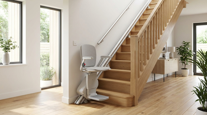 Ein moderner, unauffälliger Treppenlift, der an einer eleganten Holztreppe in einem gepflegten Einfamilienhaus montiert ist. Helles Treppenhaus, sicheres Wohnumfeld, saubere Umgebung.