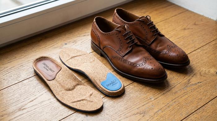 Eine Nahaufnahme von maßgefertigten, modernen orthopädischen Einlagen aus hochwertigem Kork und Leder, die ordentlich neben einem Paar eleganter, bequemer Straßenschuhe auf einem sauberen Holzboden liegen.