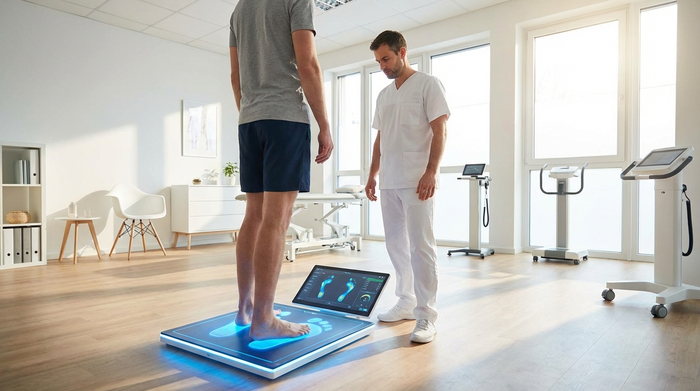 Ein moderner, heller Raum in einem Sanitätshaus. Ein Patient steht barfuß auf einer flachen, bläulich leuchtenden digitalen Druckmessplatte. Ein Orthopädietechniker in weißer Kleidung steht daneben und betrachtet aufmerksam die Fußposition.
