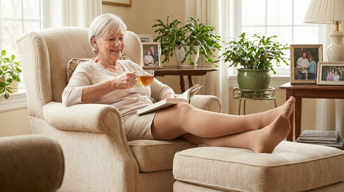 Eine ältere Dame sitzt entspannt auf einem bequemen Sessel und trägt unauffällige, hautfarbene Kompressionsstrümpfe, die wie normale Feinstrumpfhosen aussehen. Ihre Beine sind leicht hochgelegt, sie wirkt schmerzfrei, glücklich und entspannt.