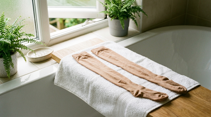 Ein Paar frisch gewaschene, hautfarbene Kompressionsstrümpfe liegt flach zum Trocknen auf einem weichen, weißen Handtuch in einem hellen, gut belüfteten Badezimmer. Sanftes Tageslicht fällt durch das Fenster.