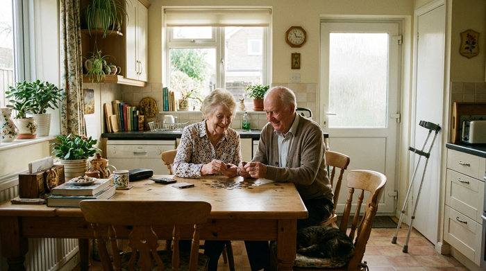 Ein älteres Ehepaar sitzt am Küchentisch und betrachtet lächelnd einige Münzen. Ein paar Unterarmgehstützen lehnen im Hintergrund an der Wand. Gemütliche, aufgeräumte Küche, helles Tageslicht.