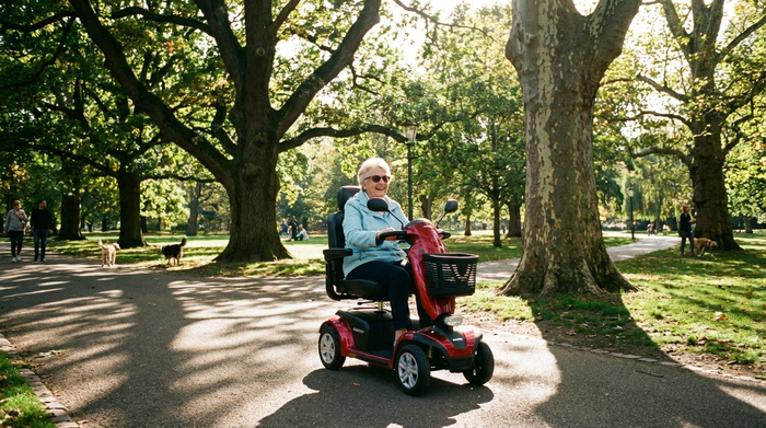 Eine rüstige Seniorin fährt mit einem modernen, roten Elektromobil durch einen sonnigen Park mit großen Bäumen. Sie trägt eine leichte Jacke und lächelt. Klare Umgebung, realistisch, ohne Schriftzüge.