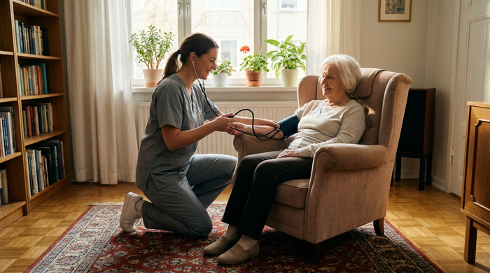 Eine engagierte Pflegekraft misst den Blutdruck einer Seniorin, die entspannt auf einem bequemen Sessel sitzt. Helles Tageslicht fällt durch das Fenster, saubere und aufgeräumte Umgebung.
