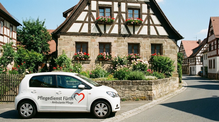 Ein kleines, weißes Auto eines Pflegedienstes parkt vor einem traditionellen fränkischen Haus in Fürth. Sonniges Wetter, gepflegter Vorgarten, friedliche Nachbarschafts-Atmosphäre.