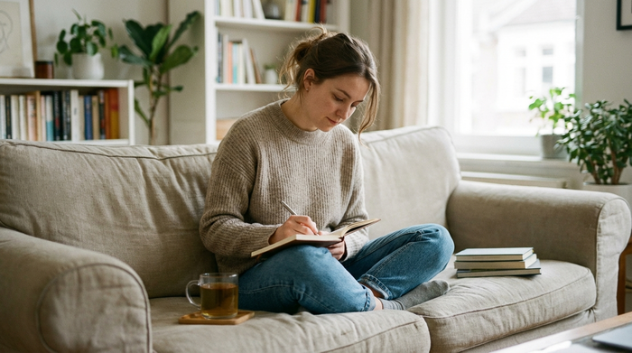 Eine erwachsene Tochter sitzt mit einem Notizbuch auf dem Sofa und macht sich nachdenklich, aber entspannt Notizen. Im Hintergrund ist unscharf ein gemütliches, aufgeräumtes Wohnzimmer zu sehen.