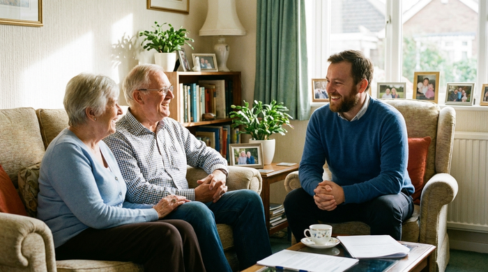 Ein sympathischer Pflegeberater im Gespräch mit einer Seniorenfamilie im heimischen Wohnzimmer. Alle lächeln einander an, die Stimmung ist positiv, aufgeschlossen und sehr vertrauensvoll.