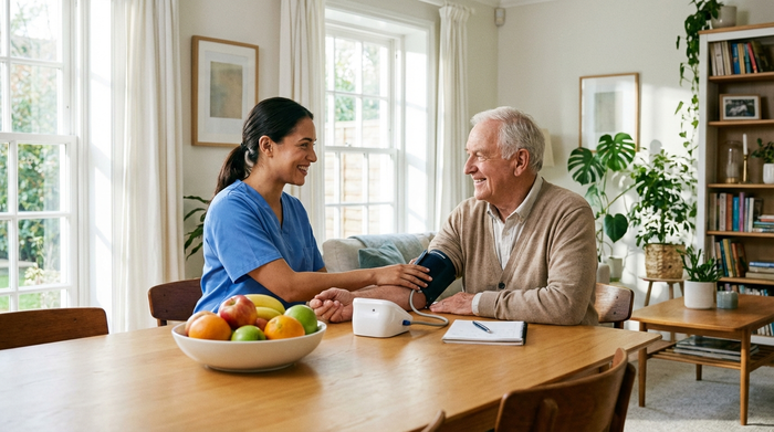 Eine professionelle Pflegekraft misst den Blutdruck eines älteren Herrn in einem hellen, ordentlichen Esszimmer. Beide lächeln sich freundlich an, auf dem Holztisch steht eine frische Obstschale.
