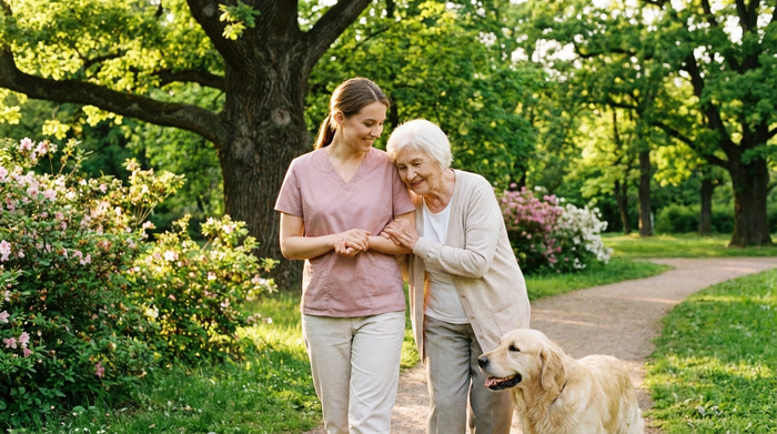 Eine jüngere Betreuerin und eine ältere Frau spazieren an einem sonnigen Tag gemütlich durch einen grünen Park mit alten Bäumen. Die Seniorin stützt sich leicht auf den Arm der Betreuerin.