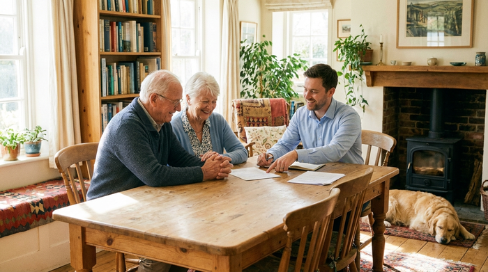 Ein älteres Ehepaar sitzt gemeinsam mit einem freundlichen Berater an einem Holztisch und schaut zufrieden auf einige Dokumente. Der Raum ist hell und gemütlich eingerichtet.