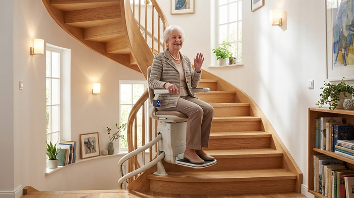 Eine ältere Dame fährt entspannt mit einem modernen Treppenlift eine gut beleuchtete Holztreppe hinauf. Sie wirkt sicher und glücklich in ihrem gepflegten, stilvollen Zuhause.