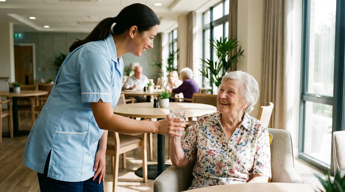 Eine freundliche Pflegekraft reicht einer lächelnden älteren Dame in einem hellen, modernen Speisesaal eines Seniorenheims ein Glas Wasser. Im Hintergrund sind unscharf stilvolle Esstische zu erkennen.