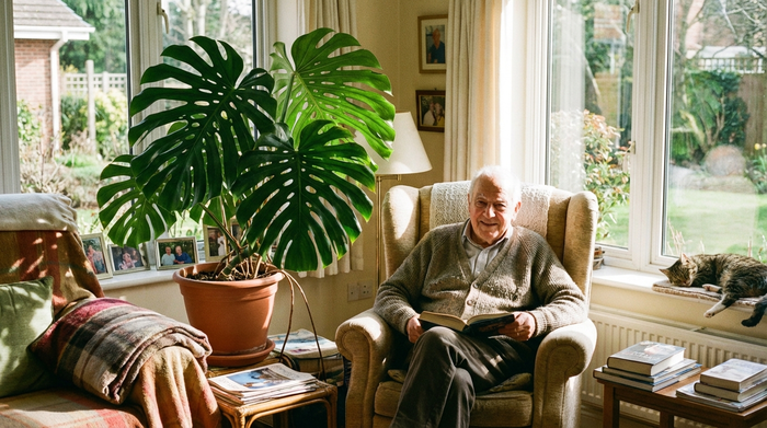 Ein entspannter Senior liest ein Buch in einem komfortablen Sessel in einem sonnigen Zimmer einer Seniorenresidenz. Neben ihm steht eine große, grüne Zimmerpflanze, die den Raum wohnlich macht.
