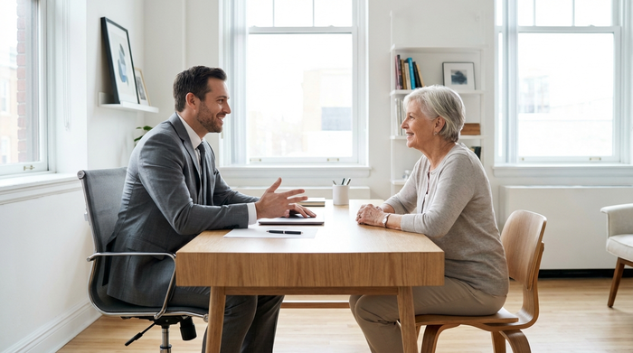 Ein seriöser Berater im Anzug spricht in einem aufgeräumten Büro freundlich mit einer älteren Frau. Beide lächeln sich an und wirken entspannt in einer professionellen Umgebung.