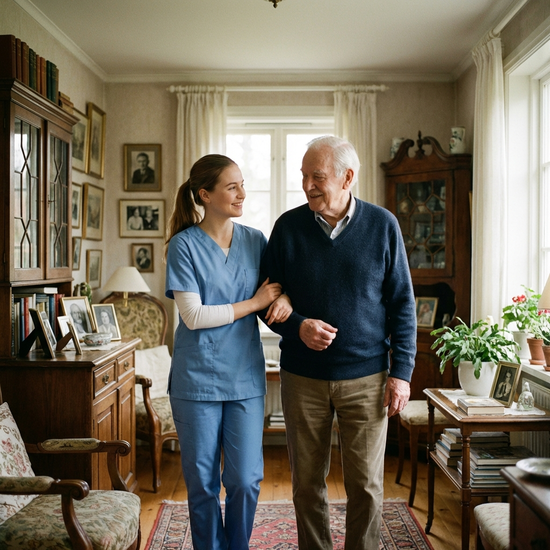 Eine junge Betreuungskraft hilft einem Senior liebevoll beim Gehen im eigenen, gemütlich eingerichteten Zuhause. Die Szene strahlt Vertrautheit, Sicherheit und Geborgenheit aus.