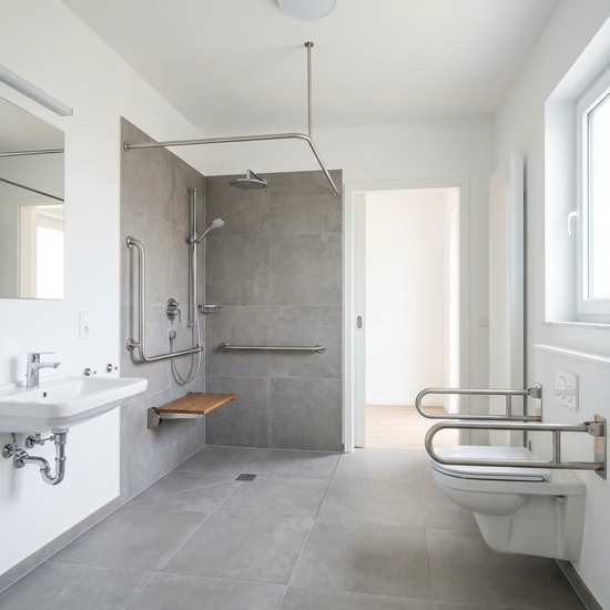 Ein modernes, barrierefreies Badezimmer mit einer großzügigen, bodengleichen Dusche, rutschfesten grauen Fliesen und eleganten Haltegriffen aus Edelstahl in einer hellen, sauberen Wohnung.
